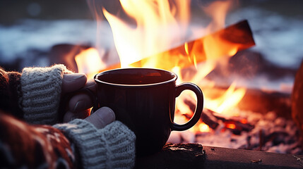 Hands in knitted gloves holding a mug with a warm beverage by a campfire, sparks rising in the background
