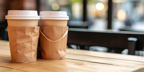 Blank Paper Coffee Cups with craft Bag on flat Background with copy space. Coffee packaging mockup, takeaway or delivery package template.