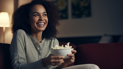 Cheerful lady having popcorn while watching TV