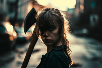 Wounded woman with axe on street, bloodied face, determination. - obrazy, fototapety, plakaty