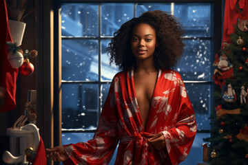 Sensual woman in red lingerie with Christmas tree at night - obrazy, fototapety, plakaty