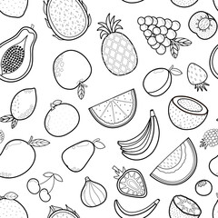 Fresh fruits black and white seamless pattern in cartoon style. Apple, bananas, mandarin, pineapple outline background. Doodle food print for fabric and textile. Vector illustration