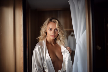 Surprised blonde woman in white silk robe at hotel. - obrazy, fototapety, plakaty