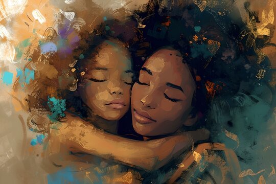 Tender mother and child embrace, captured in a warm, abstract painting style. serene moment, artistic impression. emotional connection conveyed artistically. AI