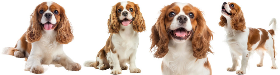 Happy brown cavalier king charles spaniel collection, sitting, lying, standing and portrait, isolated on a white background