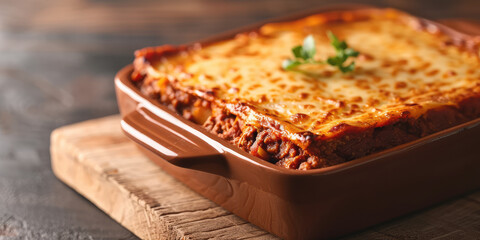 Golden-Baked Moussaka with Rosemary Garnish. Close-up of traditional Greek moussaka with cheese topping, garnished with fresh rosemary.