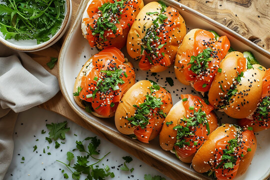 Salmon burgers stuffed with vegetable salad, sushi style
