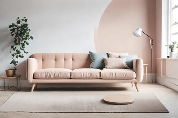 HD photograph of a Scandinavian-inspired interior, featuring a minimalist sofa and coffee table against an empty wall mock-up with a palette of soft pastel colors.