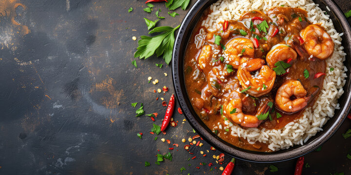 Spicy Shrimp Gumbo with Rice. A savory bowl of shrimp gumbo with rice, bell peppers, and fresh parsley, copy space.