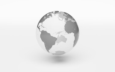 Earth with dark grey continents and transparent oceans on grey background. 3d rendering