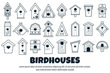 Simple black and white icons of wooden birdhouses. Large, big set of houses for birds, bird feeder of various shapes. Template banners for Bird Day, Nature protection. Vector illustration - obrazy, fototapety, plakaty