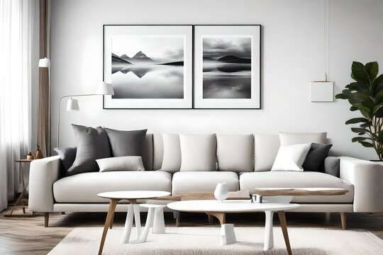 Picture perfection in a modern living room, complete with a sofa, an empty wall mockup, and a white blank frame, creating an ideal blend of simplicity and style.