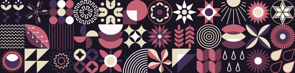 Spring set of 36 icons related to abstract geometric conceptual patterns. Flowers of a simple shape in the old style of Ukrainian embroidery. Scandinavian style. Mosaic style. Purple tones - obrazy, fototapety, plakaty