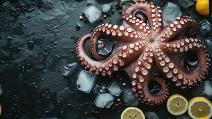 Fresh octopus on dark icy surface, surrounded by lemon slices. seafood delicacy in moody setting. ideal for culinary concepts. AI - obrazy, fototapety, plakaty