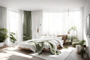 Crisp white bedroom featuring earthy green details, minimalist decor, and sunlight streaming through sheer curtains.