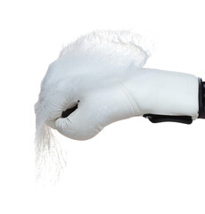 Boxing punch through white Sand, concept of competition challenge of leader business man or teamwork, winning leadership strategic plan and risk management team player