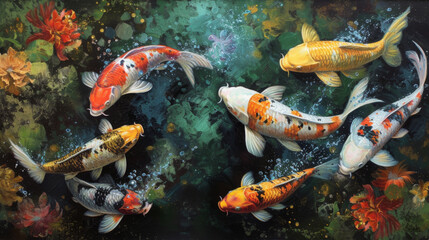 Fototapeta na wymiar Japanese Koi fish art. Decorative Asian fish in a pond or river. 