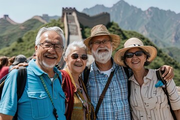 Group of senior multiethnic friends, traveler portrait, in front of Great Wall of China.
