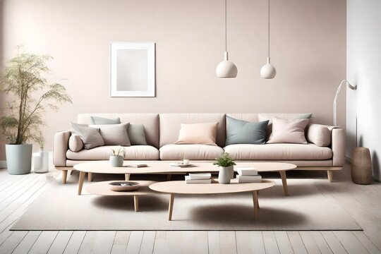 Embrace the simplicity of Scandinavian design a?" a serene living room featuring a basic sofa and coffee table against an empty wall mock-up in soothing pastel colors.