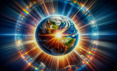 Gleaming Globe: Earth Embraced by a Sunburst of Radiant Rays of Light