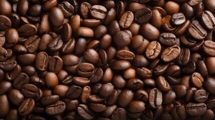 Obraz premium Top view of a lot of roasted coffee beans texture. Morning invigorating drink, coffee industry concepts.