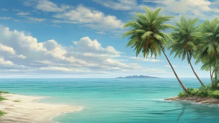 Fototapeta na wymiar A serene digital painting of a tropical beach: turquoise waters, palm trees, and blue sky. Ideal for travel or vacation themes