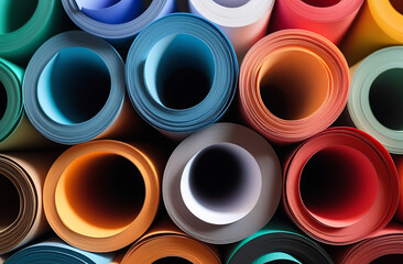 Multicoloured paper in rolls, top view