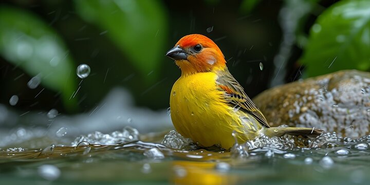 Vibrant yellow bird bathing in a tranquil forest pond, serene nature moment captured in high resolution. AI