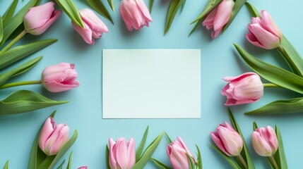 Pink Tulips Around Blank Card on blue Background