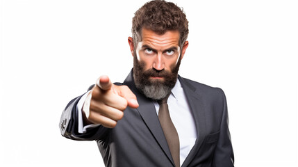 Aggressive bearded executive in a sharp suit, making a dominant hand gesture, symbolizing control and success