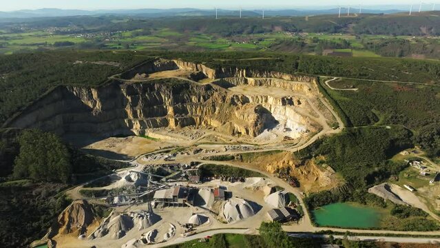 Drone footage of a quarry mining site in Castriz village in Santa Comba in A Coruna, Galicia, Spain