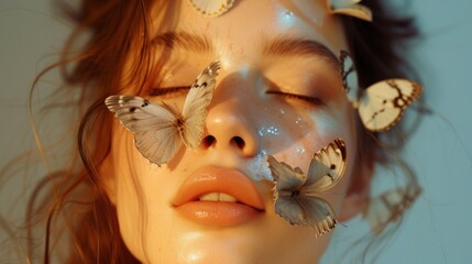 Sensitive portrait of a young girl with a butterfly flying around her face. Beautiful face with butterflies in light colors
