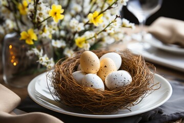 Easter festive spring table setting decoration, eggs in nest, fresh yellow tulips in vase, marshmallows, feathers, family dinner or breakfast concept, toned