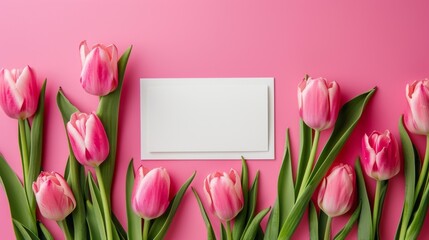 Blank Card Mockup with Pink Tulips on Pastel Background