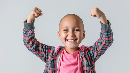 happy child girl with cancer, child celebrate victory of cancer. World cancer day.