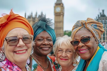 Group of senior multiethnic women friends traveling in front of Big Ben, London in summer.