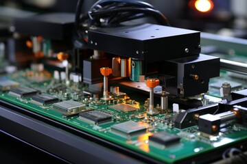 Printed circuit board workshop with automated chip mounter.