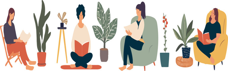 People stay at home. Men and women working, doing exercises and yoga, relax, communicate with family during quarantine. Work, leisure and hobby on isolation. Vector illustration in flat cartoon style.