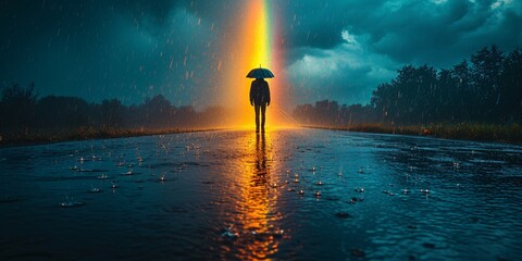 Rainbow Umbrella Walk Generative AI - obrazy, fototapety, plakaty