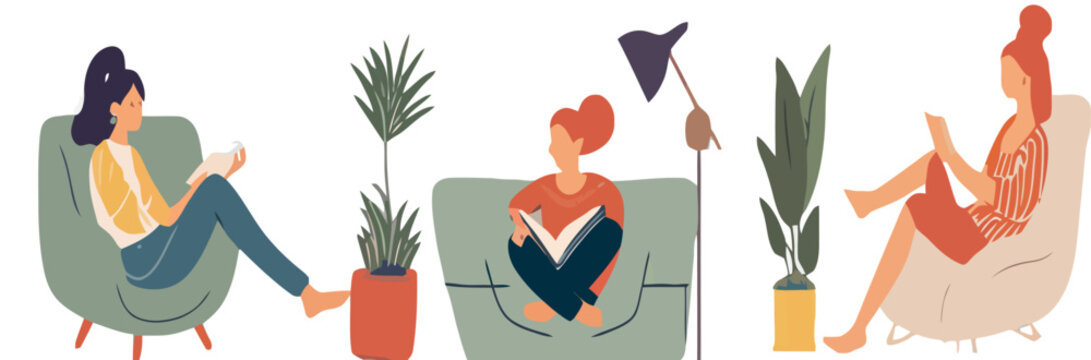 People stay at home. Men and women working, doing exercises and yoga, relax, communicate with family during quarantine. Work, leisure and hobby on isolation. Vector illustration in flat cartoon style.