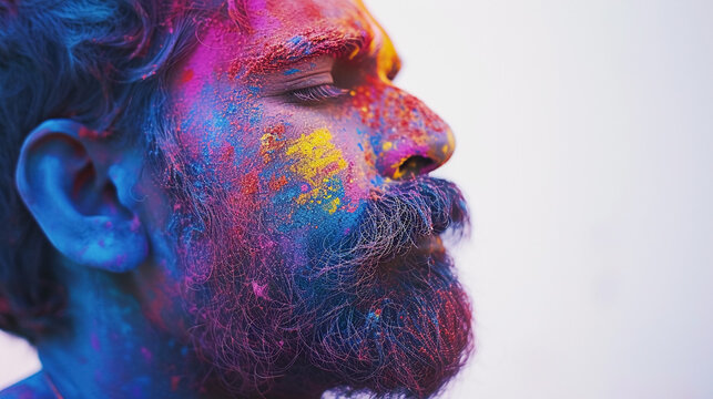 Indian man face with holi colours close up,  happy Holi celebration.