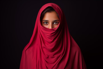 Naklejka premium Veiled woman in large red shawl, intense gaze