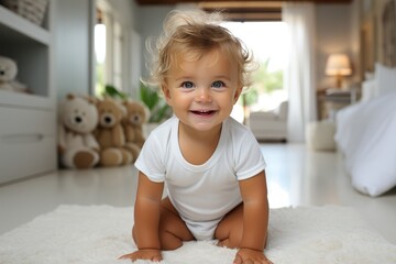 Fototapeta premium Smiling small little baby in diaper crawling on white floor background, in full growth. Textiles and bed linen for children. Family morning at home.