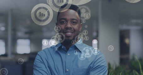 Image of financial data processing over biracial businessman