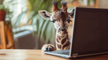 concept of learning animal giraffe working on a laptop - obrazy, fototapety, plakaty