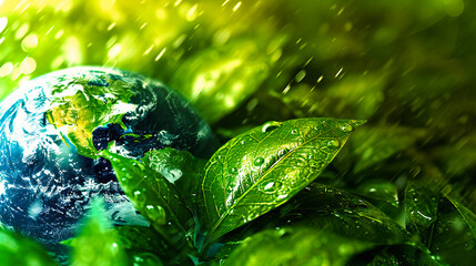Close-up of green leaves with dew drops, showcasing the freshness and purity of nature after rainfall, embodying growth and renewal