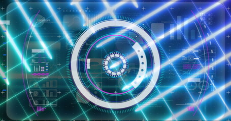 Image of scope scanning and data processing with glowing grid on blue background