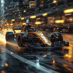 F1 Racing Car in Action on a Rainy Track Generative AI