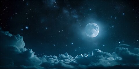 Naklejka na ściany i meble Soothing night sky with a luminous full moon and serene clouds. perfect for background or wallpaper. calm, peaceful, and tranquil scene. AI