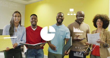 Image of financial data processing over diverse business people in office